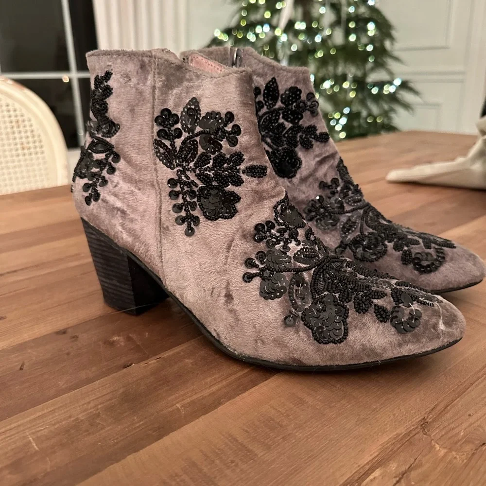 Free People Gray Velvet Ankle Booties with Black Embroidery